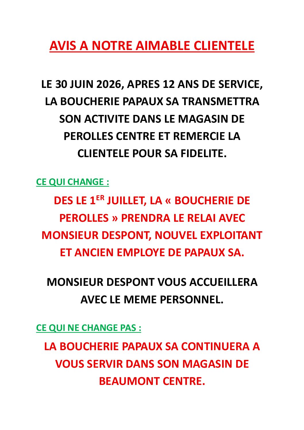 AVIS A LA CLIENTELE